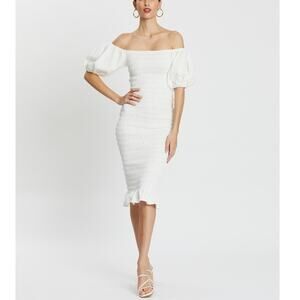 Never Fully Dressed Jojo Midi Dress in White Smocked Puff Sleeve Stretch Size 10